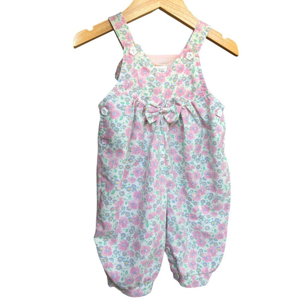 Vintage Pink Floral Overalls with Flower buttons and Bow 3-6 months